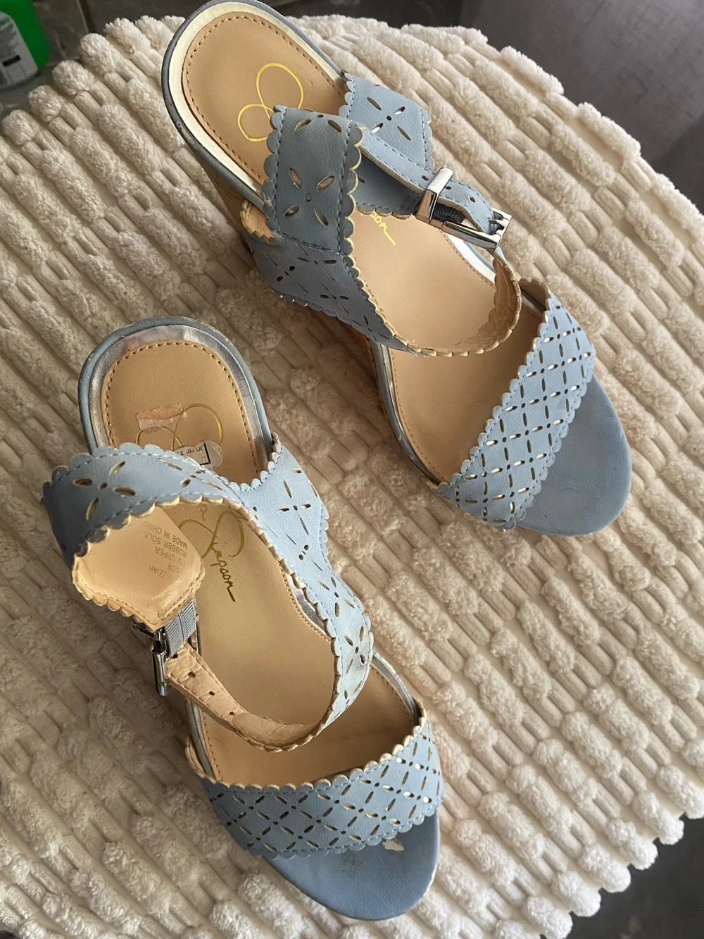 Jessica Simpson Jazziah Powder Blue Scalloped Laser Cut Cork Wedge Sandals